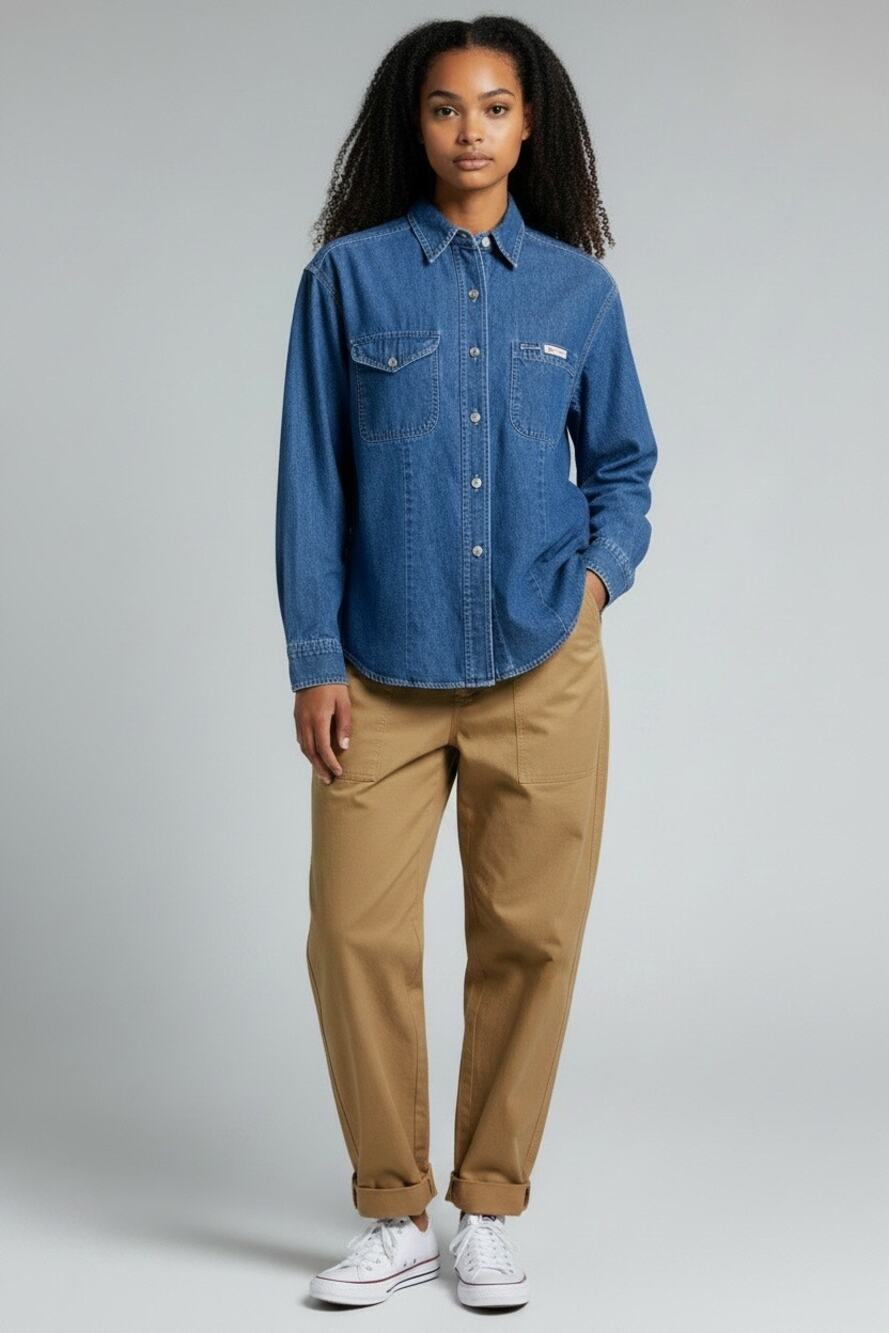 Pepe Jeans Sz M Vtg Y2K Denim Button Down Shirt Mid Blue Relaxed Fit Cotton